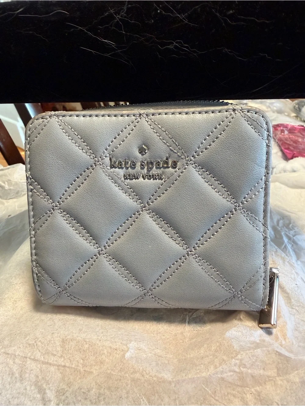 kate spade Quilted Leather Zip Wallet in Light Gray